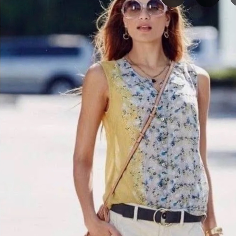 CAbi Offsides, Floral Print, Yellow and Blue, Sleeveless Top. Sz S